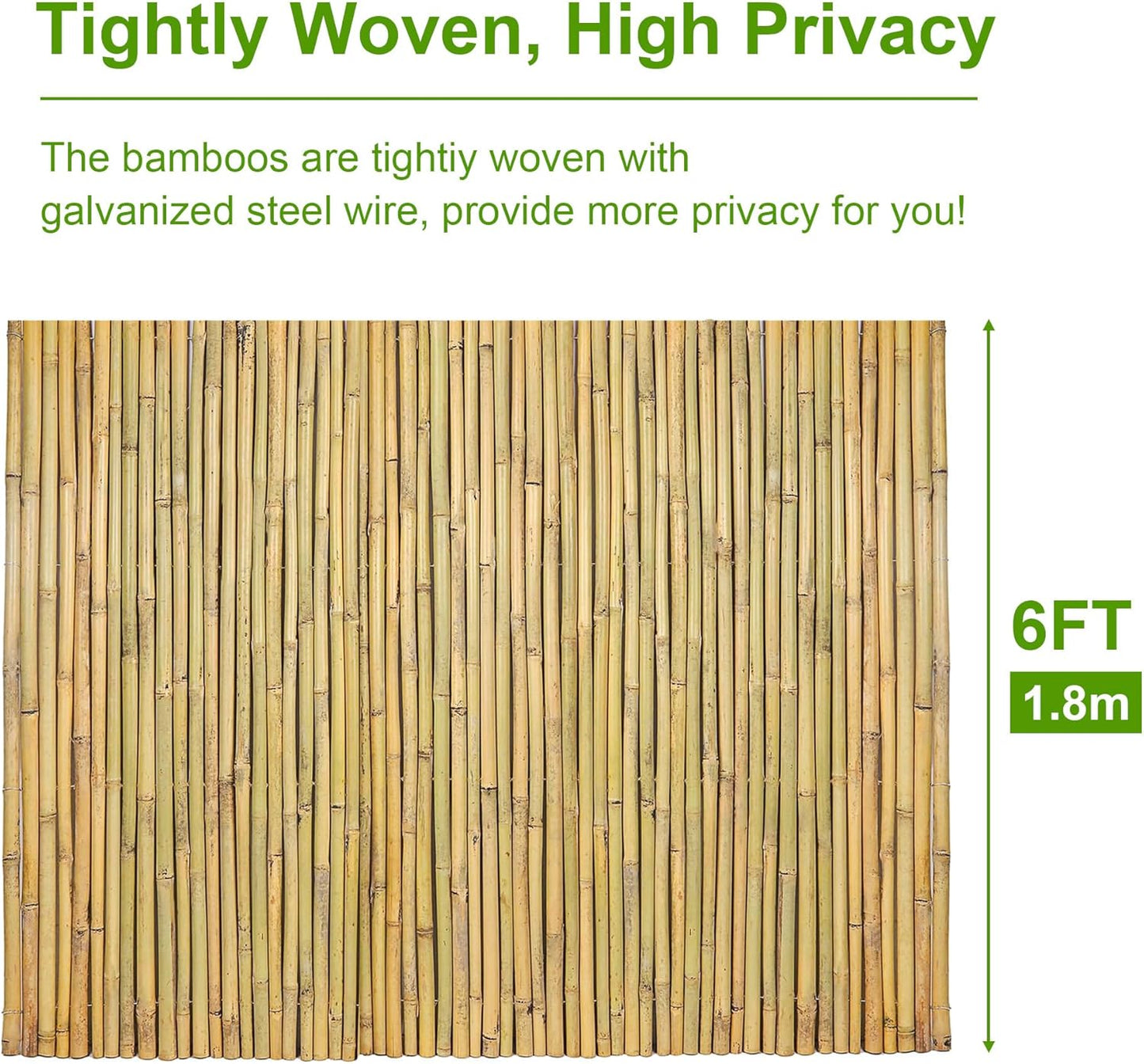 Bamboo Fencing Roll 6 ft High x 8 ft Long x 0.7 in D, Natural Bamboo Privacy Fence, Divider Decorative Fence for Patio, Balcony, Garden, Border Pool-VerdiqueGarden