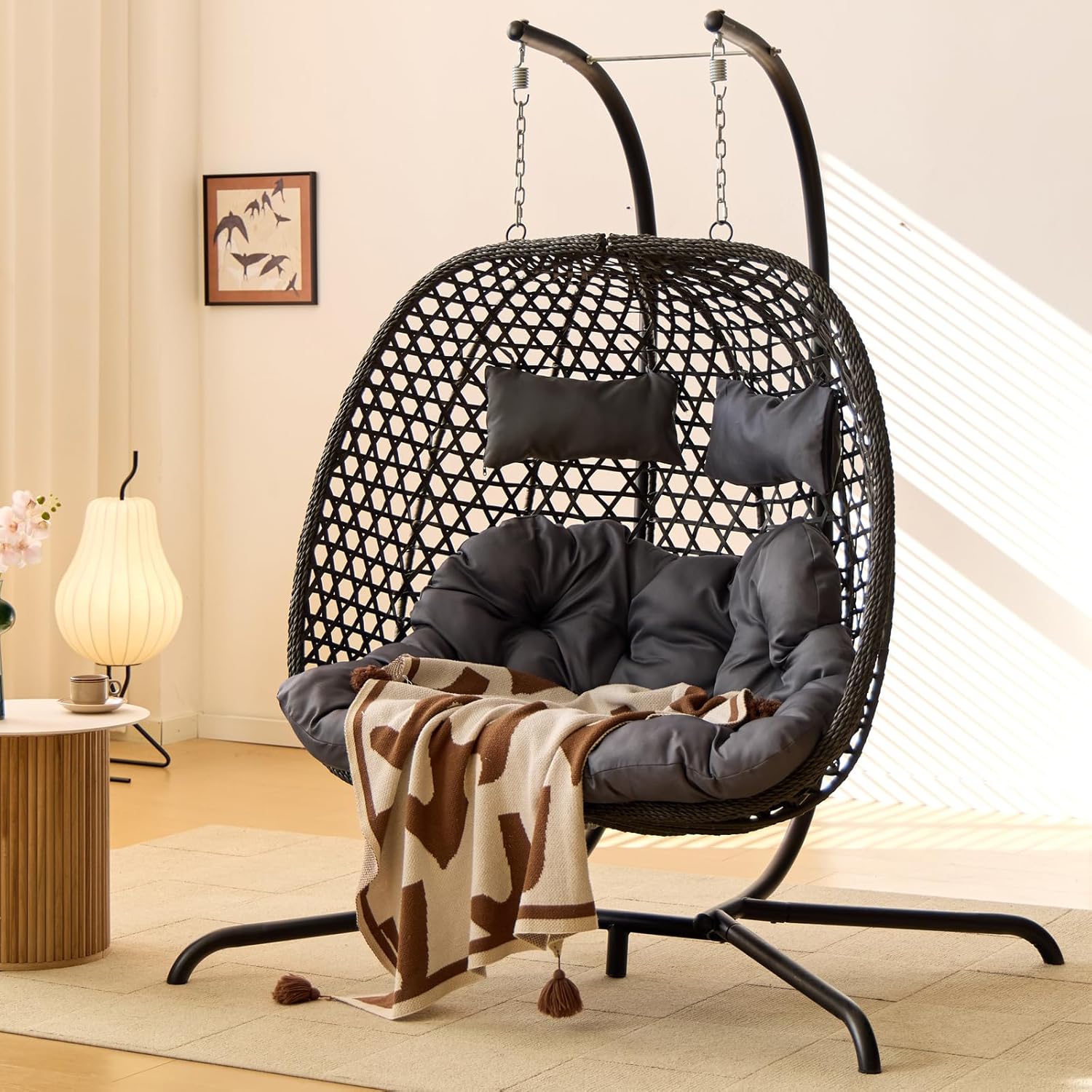 Double Hanging Swing Egg Chair with Stand, Hexagon Wicker Hammock Swing Chair for Outdoor Garden Patio, 2 Person Egg Chair with Foldable Loveseat Removable Cushions (Dark Grey)-VerdiqueGarden