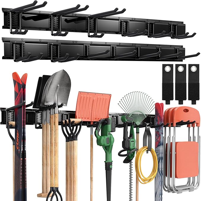 LBT 99" Garage Tool Organizer Wall Mount - 1000lbs Garden Tool Organizer with Adjustable Hooks, Heavy Duty Metal Garage Storage Rack, Anti-Rust Shed Rack Holder Hanging Rake Broom Mower Snowboard-VerdiqueGarden