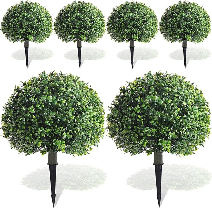 Yunlly 6 Pack 18" Artificial Boxwood Ball Bush Topiary Trees Fake Outdoor Plants, Realistic UV Resistance Faux Shrubs with Spike Greenery Topiary for Front Porch Garden Yard Patio Indoor (Green)-VerdiqueGarden