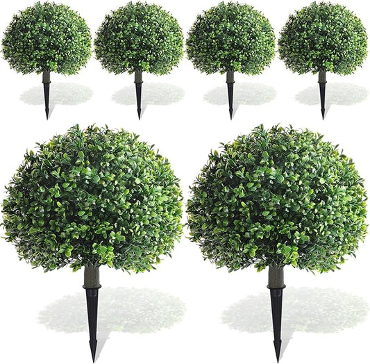 Yunlly 6 Pack 18" Artificial Boxwood Ball Bush Topiary Trees Fake Outdoor Plants, Realistic UV Resistance Faux Shrubs with Spike Greenery Topiary for Front Porch Garden Yard Patio Indoor (Green)-VerdiqueGarden