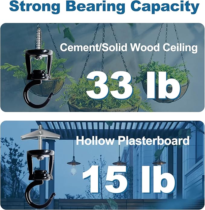 Ceiling Hooks for Hanging Plants (2 PCS Black),Heavy Duty Metal Plant Hooks, Screw in Hooks for Hanging Birdfeeders, Lamps, Planters, Outdoor Decorative Hooks up to 33 lbs-VerdiqueGarden