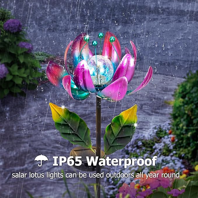 Huaxu Solar Outdoor Lights 35.4In Garden Decor Flower Wind Spinners,Waterproof LED Crackle Glass Globe Purple Lotus Art Metal Stake for Lawn Patio Pathway Yard Porch Driveway Decorations Gift-VerdiqueGarden