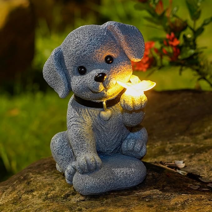 Solar Dog Statue Garden Decor with Butterfly Light – Waterproof Outdoor Yard Art for Patio, Lawn, Balcony for Mother’s Day, Father’s Day, Housewarming, Mom, Dad, Grandma, Men, Women-VerdiqueGarden