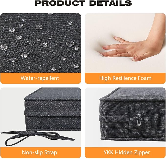 Square Corner Seat Cushions, 19" x 19" x 3", Set of 4, Indoor Outdoor Water Repellent Universal Chair Pads with Ties for Patio Furniture, Garden Deck Dining Chairs, Charcoal-VerdiqueGarden