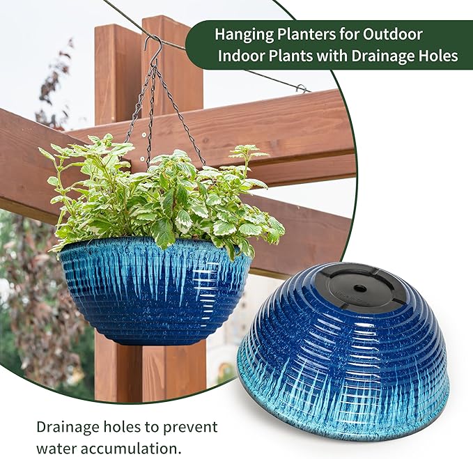 12 inch Hanging Planters for Indoor Outdoor Plants, 2 Pack Large Hanging Flower Pots with Drainage Holes and Chain, Glazed Hanging Baskets for Home Garden Decoration (Blue Flow Glaze)-VerdiqueGarden