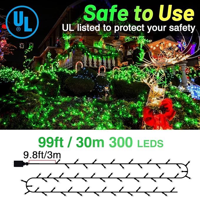 KNONEW Outdoor Christmas Lights 300 LED 99ft String Lights 8 Modes & Memory Fairy Light Plug in Waterproof LED String Lights for Xmas Yard Tree Wedding Party Holiday Decorations(Green)-VerdiqueGarden