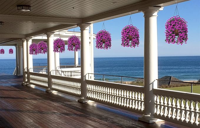 Hanging Baskets Artificial Flowers for Outdoor Interior Decor, Artificial Daisies Flowers Shrubs Plants with Baskets for Home Porch Garden Patio Patio Spring Summer Decor(Violet)-VerdiqueGarden