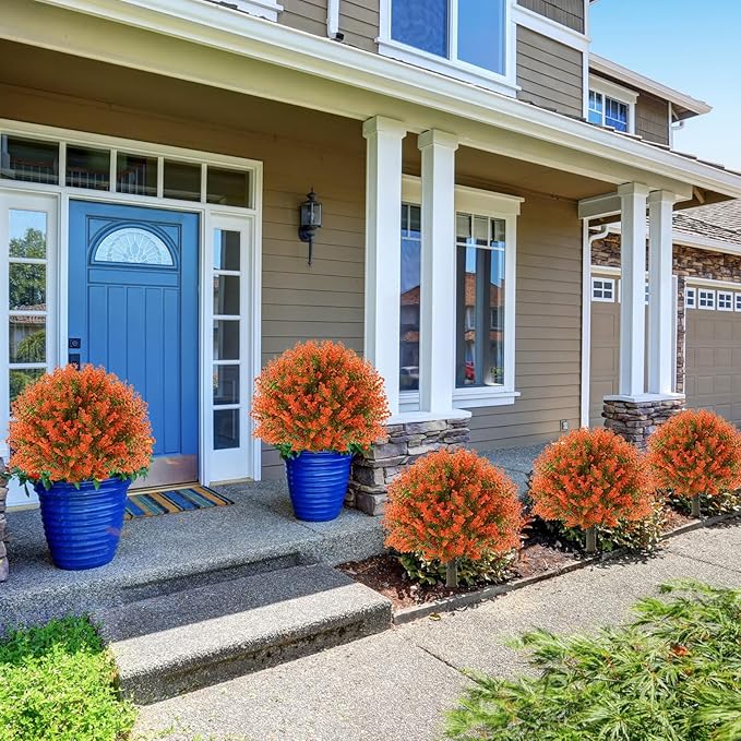 Yunlly 2 Pcs 18 Inch Fall Artificial Boxwood Ball Topiary Tree Outdoor Plants Bush, UV Resistance Faux Shrub with Spike Fall Porch Decor for Indoor Garden Yard Porch Patio Decor (Orange)-VerdiqueGarden