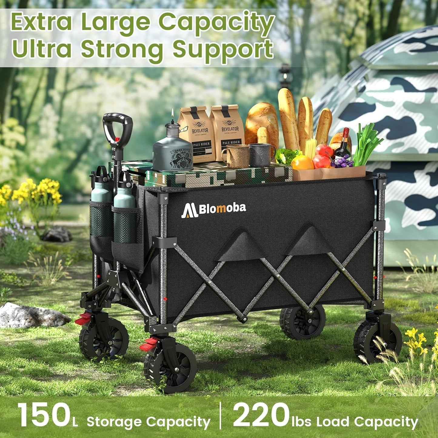 Collapsible Wagon Cart, 150L Heavy Duty Foldable Beach Wagon with Wider Wheels & Auto-Rebound Handle, Utility Grocery Shopping Cart for Garden, Shopping, Camping, Sports, Black-VerdiqueGarden