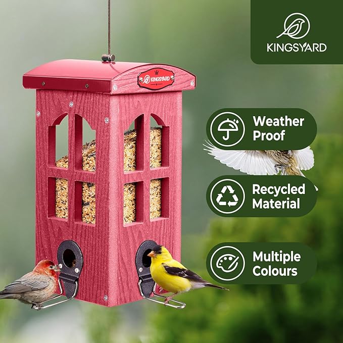 Kingsyard Upgraded Rainproof Bird Feeder for Outdoor Hanging - Metal Feeding Port, Recycled Plastic Wild Bird Feeder with Metal Mesh Tray for Goldfinch Small Bird, Garden Yard Decoration, Red-VerdiqueGarden