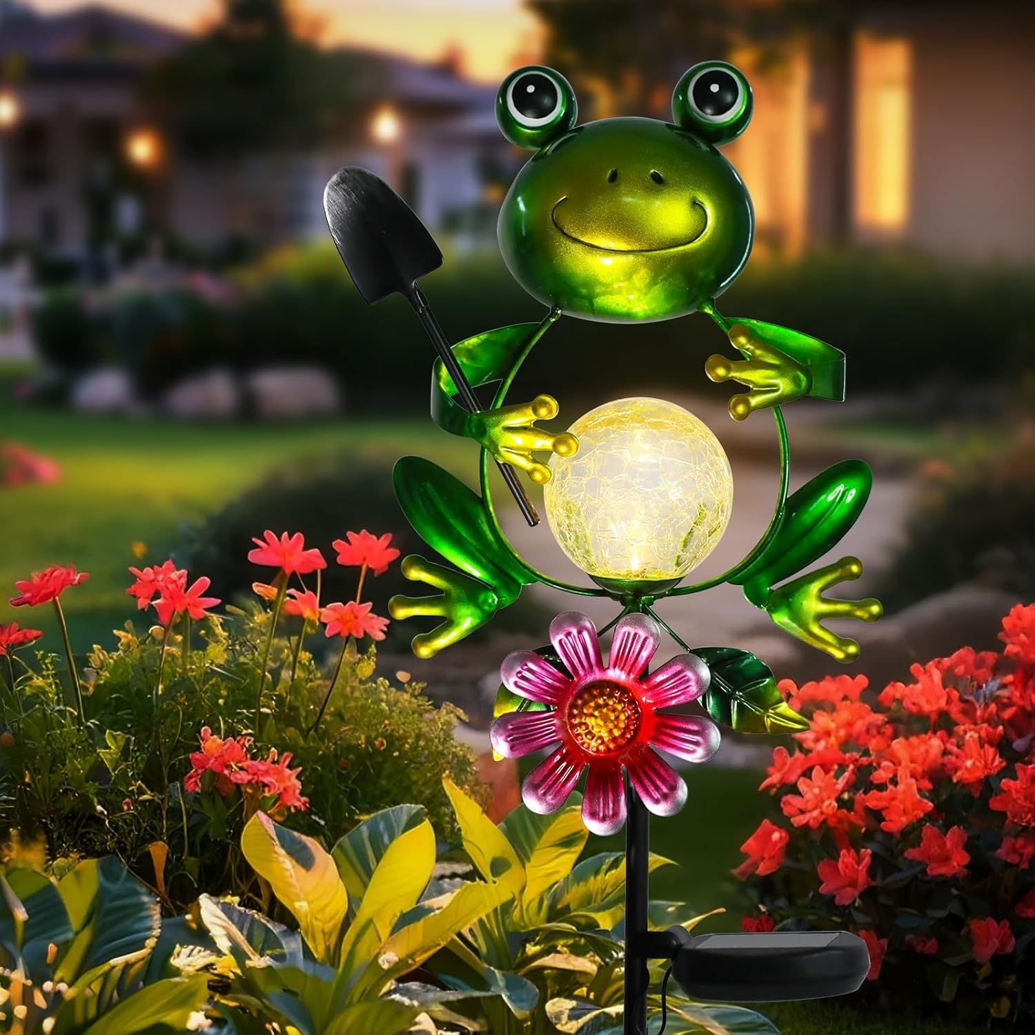 Afirst Solar Lights Outdoor Decorative Metal Frog Crackle Glass Globe Warm White LED Metal Waterproof Garden Stake Lights for Walkway Pathway Lawn Patio Yard Decorations-VerdiqueGarden