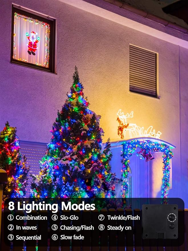 2 Pack 200 LED Solar Christmas Lights Outdoor, Solar String Lights for Outside with 8 Lighting Modes, Waterproof Green Wire Solar Powered Tree Light for Xmas Party Yard Garden Decorations (Multicolor)-VerdiqueGarden