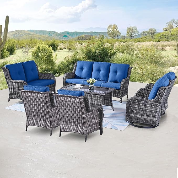 Outdoor Wicker Furniture Patio Set - 7 Piece Backyard Furniture Grey Rattan Conversation Sets with Swivel Rocker Chairs, Rattan Sofa, Club Chairs and Coffee Table, Blue Cushion-VerdiqueGarden