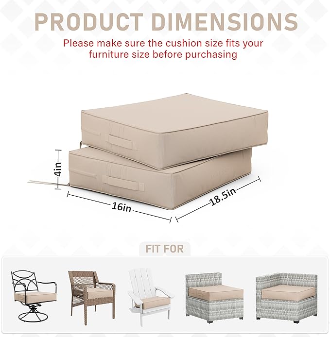 Patio Chair Cushions 18.5 X 16 X 4 Inch Waterproof Outdoor Seat Cushions for Patio Furniture, Outdoor Sofa Couch Pads with Ties & Handle, Set of 2, Sand-VerdiqueGarden