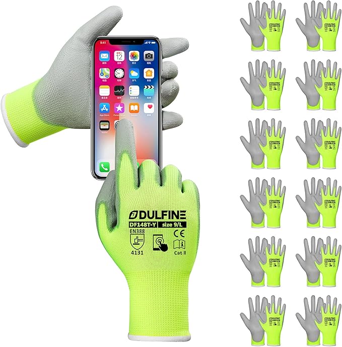 DULFINE Safety Work Gloves PU Coated for Men and Women-12 Pairs,Hi-Vis Seamless Knit Glove with Two Fingers Touchscreen,Ideal for General Duty Work (Large)-VerdiqueGarden