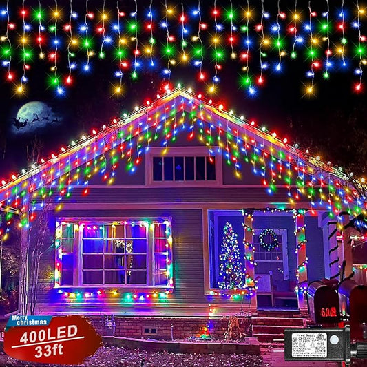 Icicle Lights for Outside, 33FT 400 LED Christmas Lights Outdoor Indoor with 8 Modes 75 Drops, Waterproof Connectable Twinkle String Light for Patio Yard Garden Wedding Party Decor, Multicolor-VerdiqueGarden