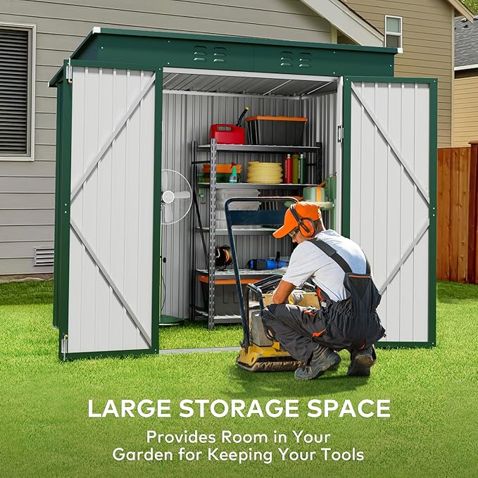 Gizoon 6' x 4' Outdoor Storage Shed with Double Lockable Doors, Anti-Corrosion Metal Garden Shed, Waterproof Shed Outdoor Storage Clearance for Backyard Patio Lawn-Green-VerdiqueGarden