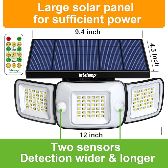intelamp Solar Flood Lights Outdoor Waterproof, 6000mAh 1200LM Solar Powered Dual Motion Sensor LED Lighting Dusk to Dawn Security Floodlight Exterior with Remote for Outside Garden House Patio-VerdiqueGarden