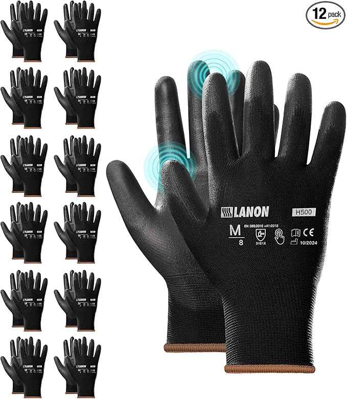 LANON 12 Pairs Safety Work Gloves, Mechanic Working Gloves for Men, PU Coated, Seamless Knit, Lightweight, Black, XL-VerdiqueGarden