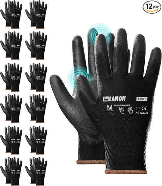 LANON 12 Pairs Safety Work Gloves, Mechanic Working Gloves for Men, PU Coated, Seamless Knit, Lightweight, Black, XL-VerdiqueGarden