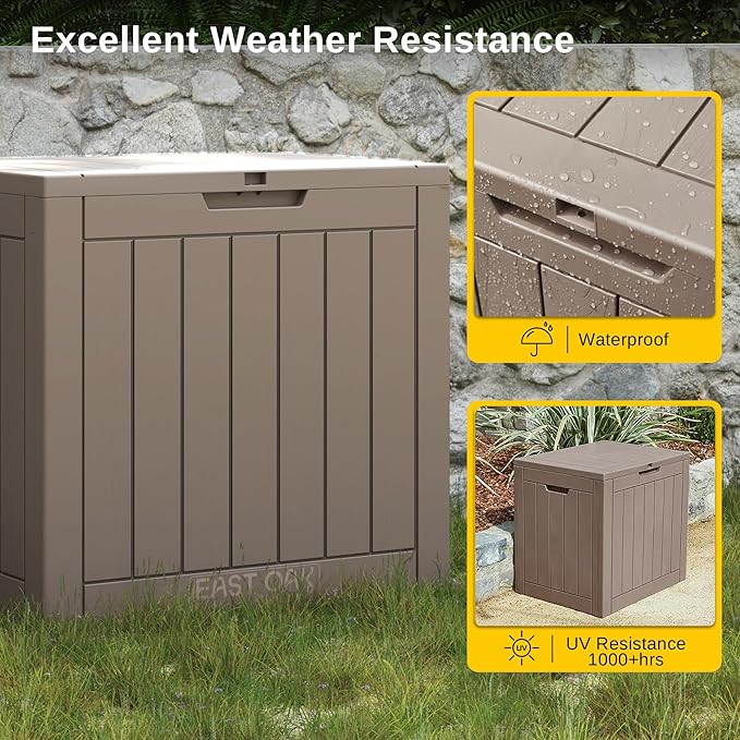 EAST OAK Outdoor Storage Box, 31 Gallon Deck Box, Waterproof Resin Storage Bin for Patio Cushions, Gardening Tools, Accessories, Lockable, UV Resistant, Brown-VerdiqueGarden