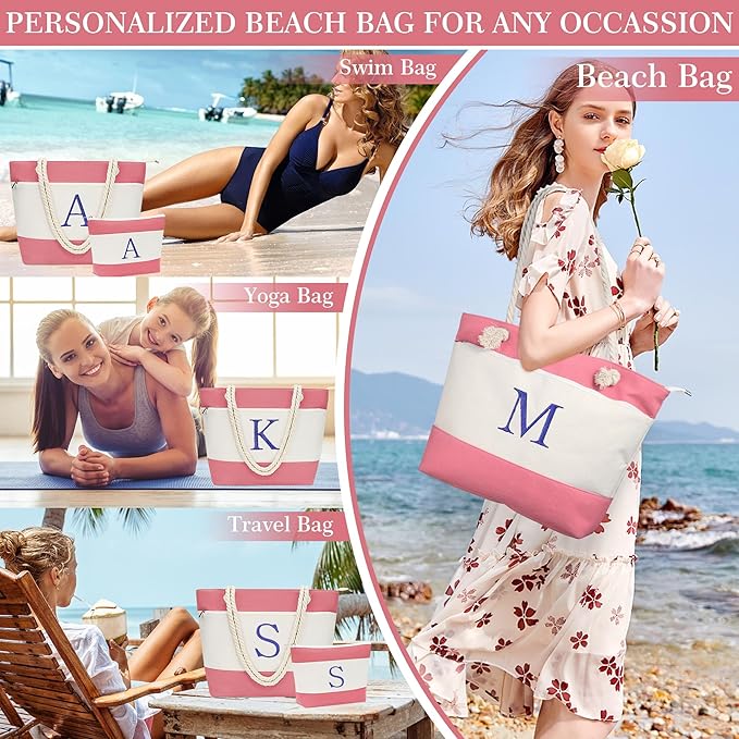 YOOLIFE Beach Bags for Women - Initial Tote Waterproof Bag with Makeup Bag, Mothers Day Gifts for Women Mom Friend Birthday-VerdiqueGarden