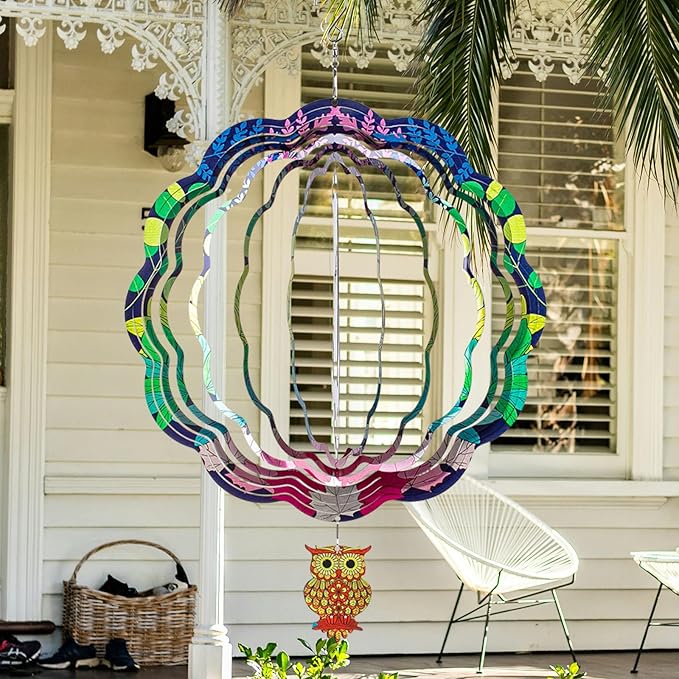 TUOKING Owl Wind Spinners Outdoor Metal 3D Hanging Art Wind Spinner 12 Inch Stainless Steel for Yard and Garden Decoration Worth Gift for Women-VerdiqueGarden
