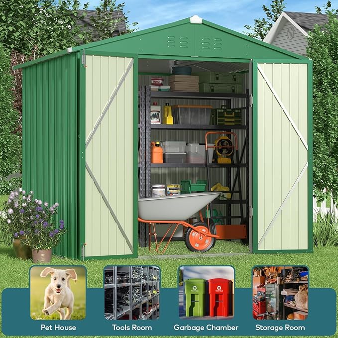 Gizoon Outdoor Storage Shed 8 x 6 FT, Galvanized Metal Garden Shed with Double Lockable Doors, Outdoor Storage Clearance for Backyard Patio Lawn-Green-VerdiqueGarden