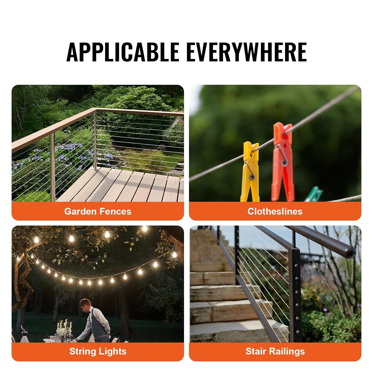 VEVOR 1/8 Stainless Steel Cable Railing Kit, 600 FT 316 Marine Aircraft Cable With Cutter and Gloves, 1600 lbs Breaking Strength, 7x7 Strands for Handrail Stair Decking Fence Outdoors-VerdiqueGarden