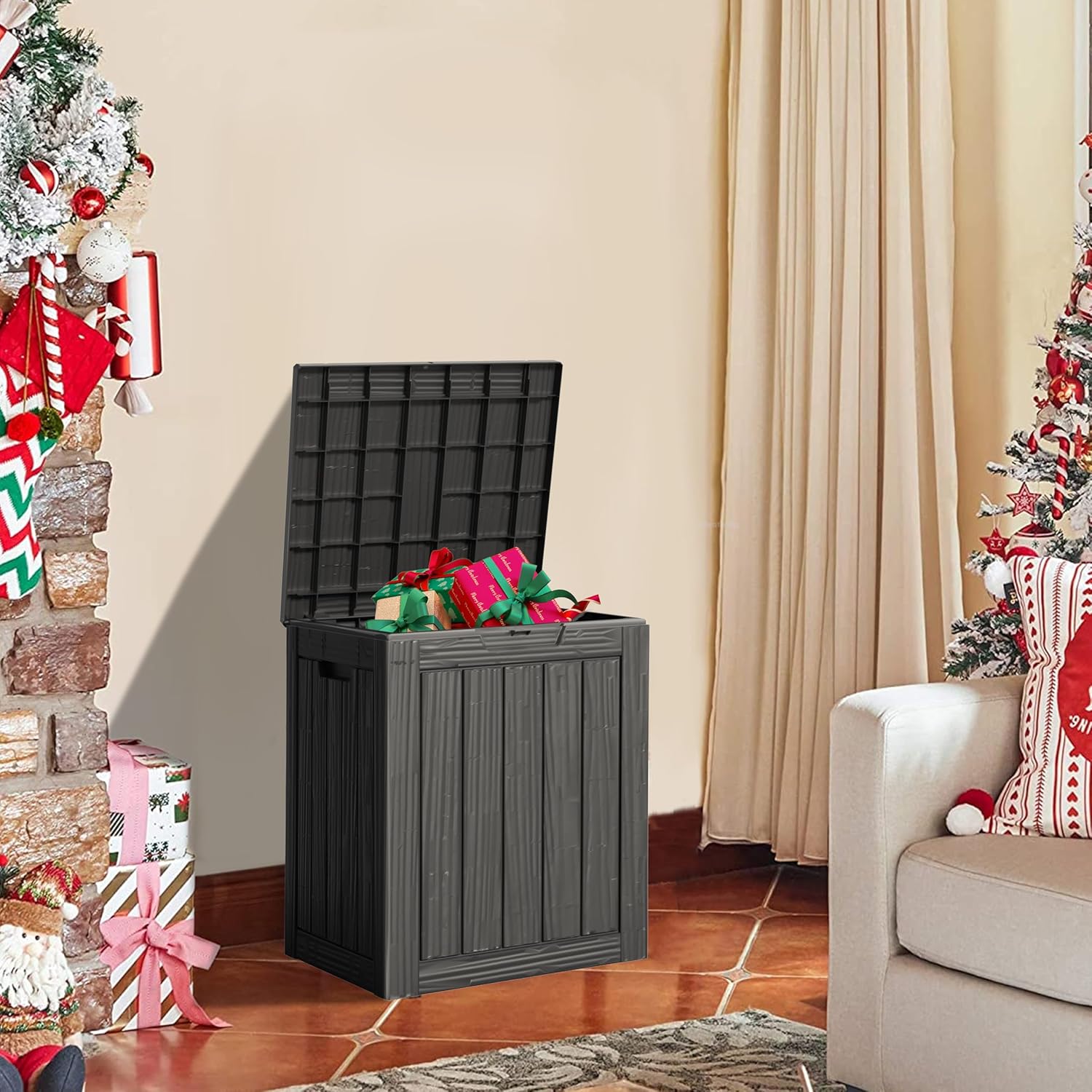 28 Gallon Double-Wall Resin Deck Box - Lockable Waterproof Outdoor Storage Box, 151lbs Capacity & Doubles as Seating for Patio Furniture - Garden Tools, Pool Accessories (Black)-VerdiqueGarden