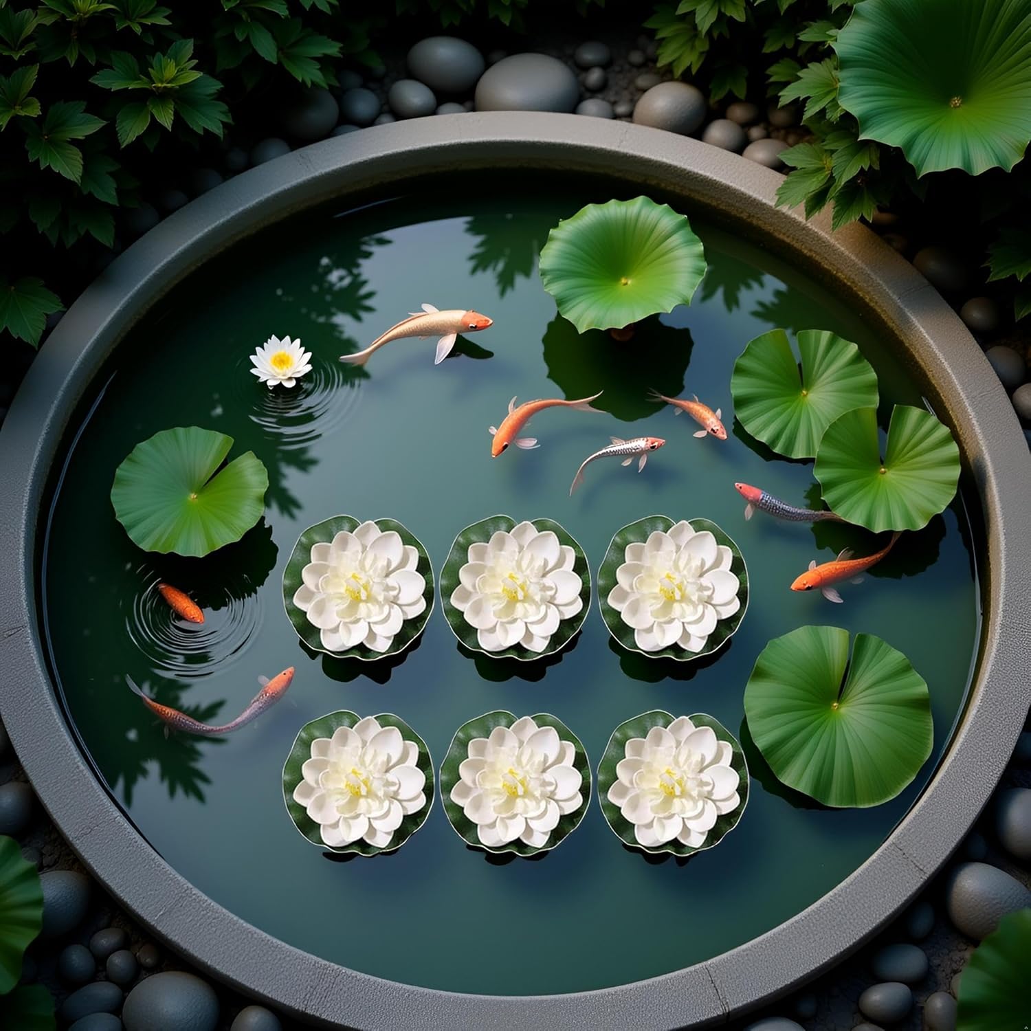 6 Pcs White Artificial Lotus Flowers Large Floating Lotus Faux Water Lily Flowers Fish Pond Artificial Plants with Artificial Lily Pads, Artificial Plants, Lotus Flower, Decorations-VerdiqueGarden