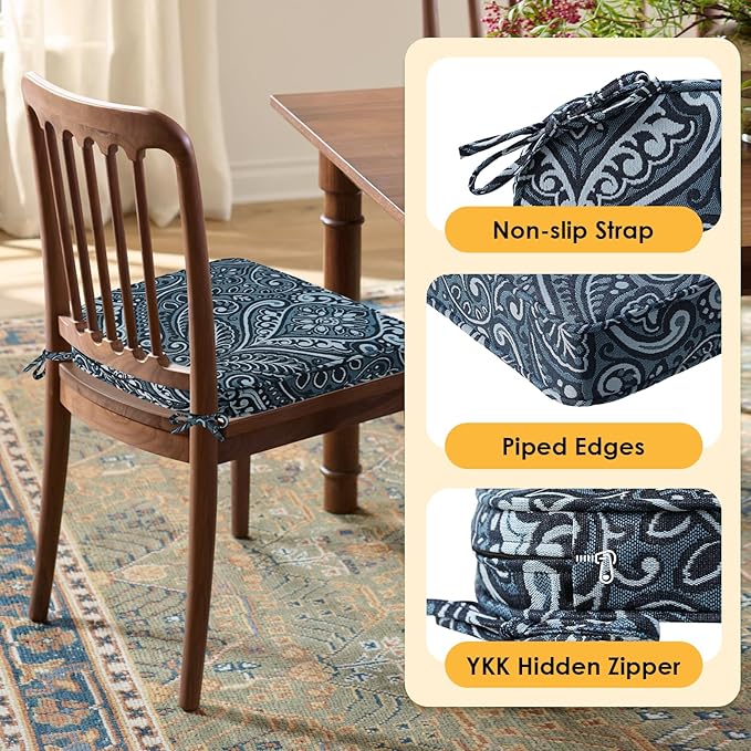 Outdoor Round Corner Seat Cushion, 17"x16"x2", Set of 4, Non Slip Seat Cushion Pads with Removable Cover for Patio Furniture, Garden Yard Lawn, Damask Vine-VerdiqueGarden