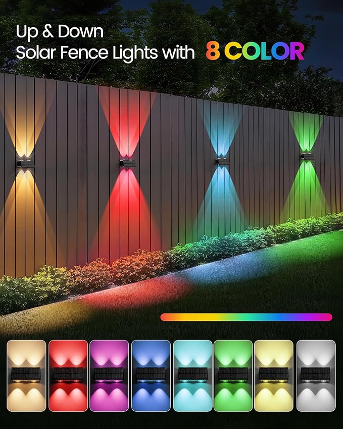 Bridika Solar Fence Lights Outdoor, 6 Pack Up and Down Wall Light, 8 Colors Lens LED Dusk to Dawn Solar Lights Outdoor Waterproof for Patio, Deck, Backyard, Garden-VerdiqueGarden