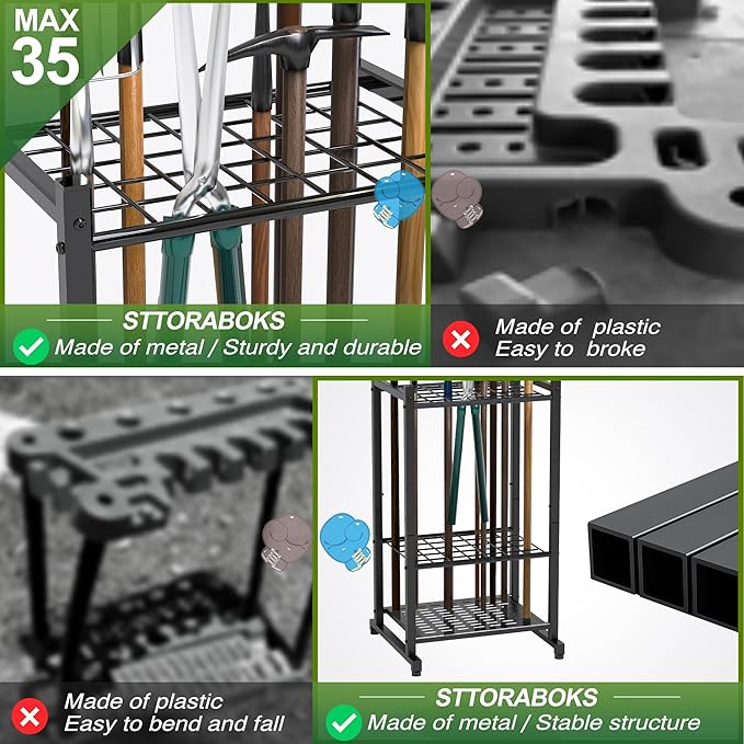 Garden Tool Organizer, Yard Tool Tower Rack for Garage Organization and Storage, Up to 35 Long-Handled Tools/Rakes/Brooms, Heavy Duty Steel Garden Tool Stand for Shed, Outdoor, Black-VerdiqueGarden