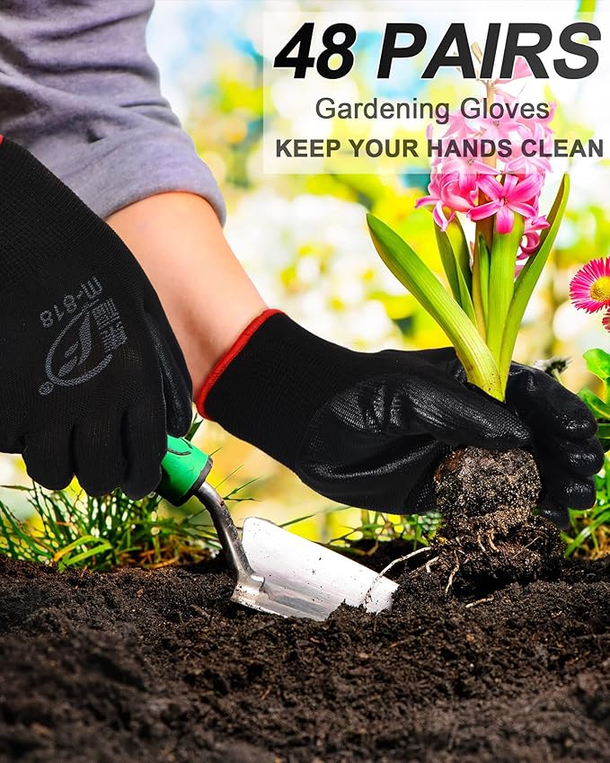 Nuogo 48 Pairs Gardening Gloves for Men Women Rubber Coated Safety Work Gloves Bulk for Gardening Construction Work-VerdiqueGarden