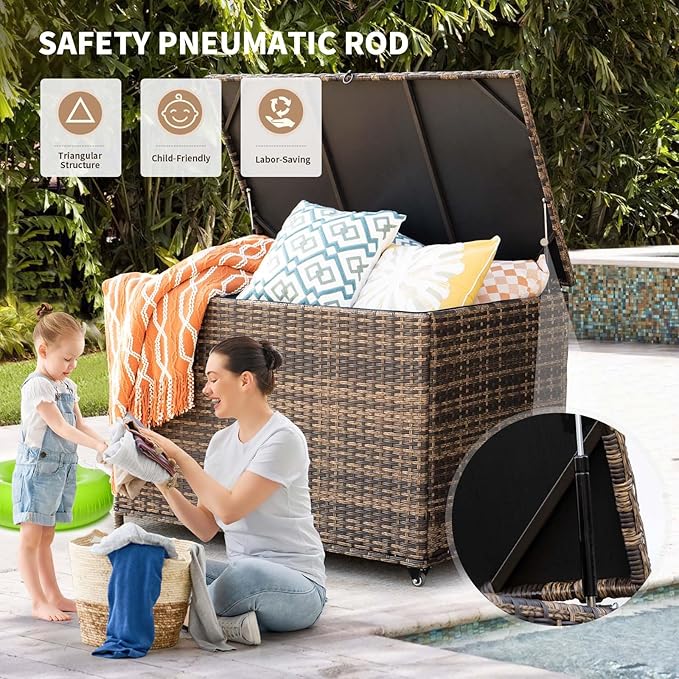 178 Gallon Outdoor Storage Box, Handle Large Portable Wicker Rattan Deck Box for Patio Furniture Cushions, Patio Deck Box with 2 WheelsThrow Pillows, Garden Tools and Pool Floats (Brown)-VerdiqueGarden