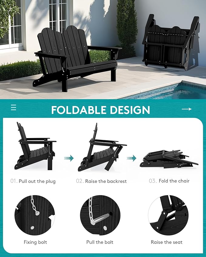 SERWALL 2 Person Adirondack Loveseat, HDPE All-Weather Folding Adirondack Bench Chair, Outdoor Adirondack Chair Set of 4, Black-VerdiqueGarden