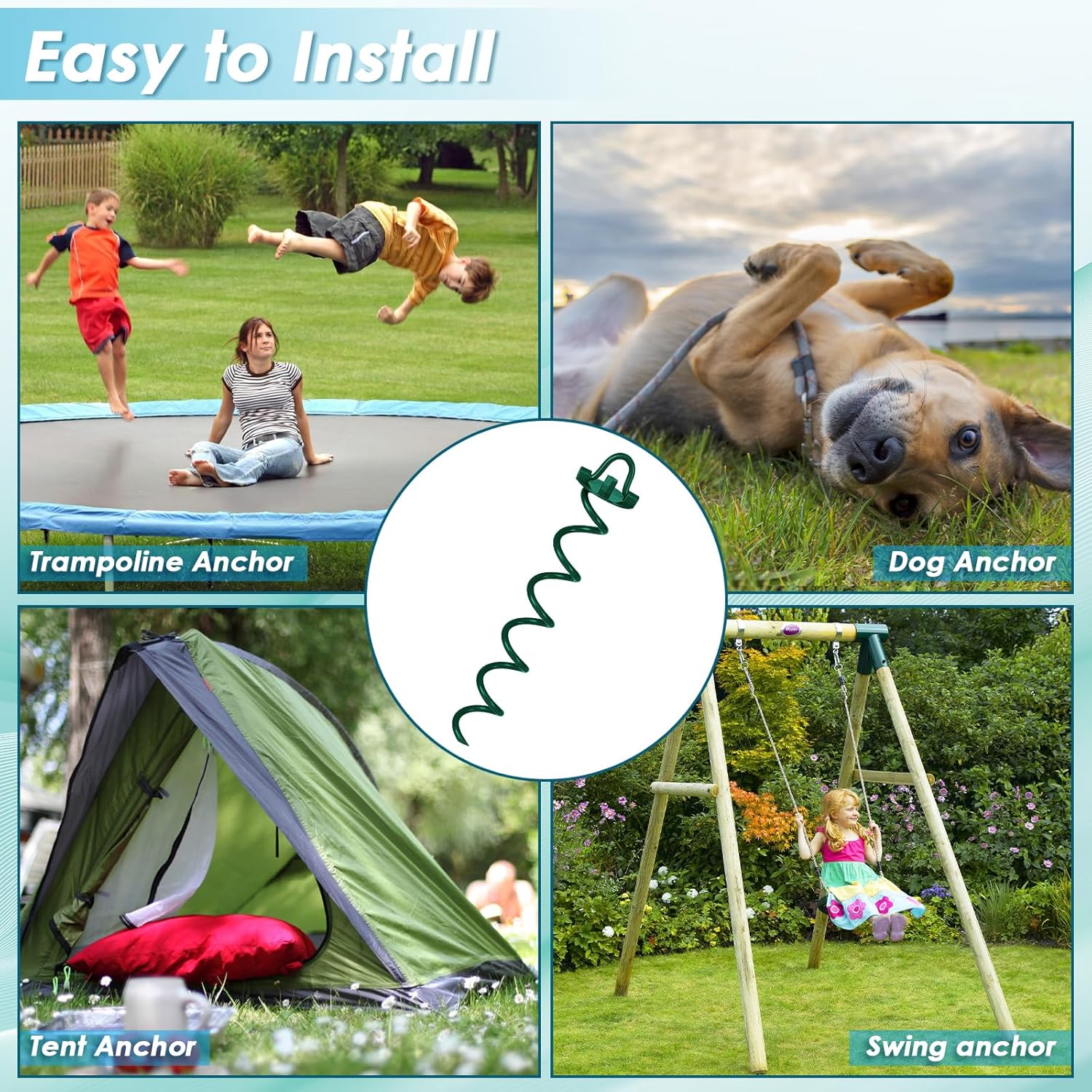 FEED GARDEN 16 Inch Spiral Ground Anchors Heavy Duty Screw in Spiral Stakes, 4 Pack Folding Ring Ground Stakes for Securing Dogs,Tents, Trampolines, Canopies, Swing Sets,Green-VerdiqueGarden