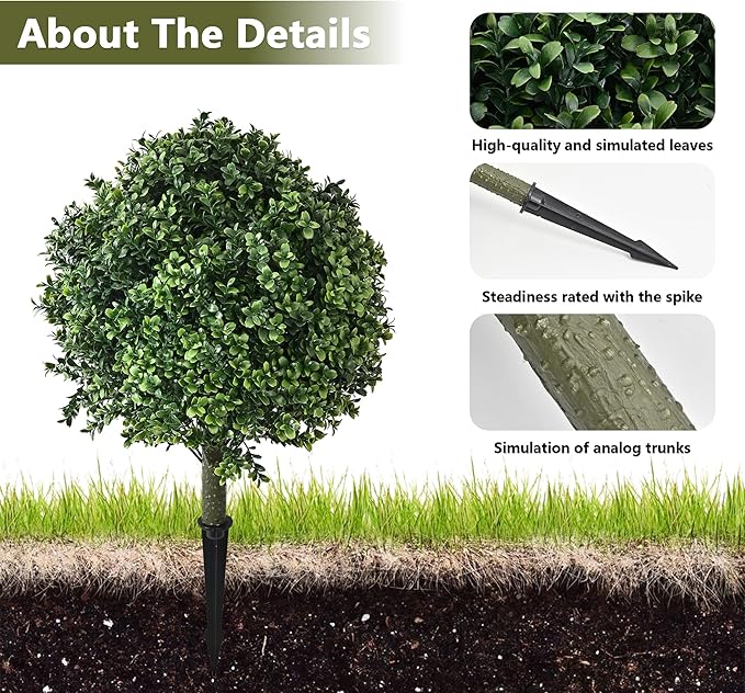 28" Artificial Boxwood Topiary Ball Trees with Ground Spike for Outdoor,Set of 2 UV Resistant Artificial Shrub Bushes,Artificial Plants,Fake Boxwood Plants for Indoor, Garden, Yard,Patio Décor-VerdiqueGarden