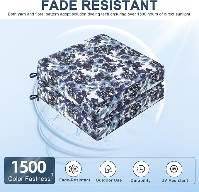 Favoyard Outdoor Chair Cushion 24 x 24 x 4 In Waterproof Pattern Fade Resistant Cushions for Patio Furniture with Removable Cover Attach Straps 28D Foam Insert Cushions Pads for Seat Sofa Couch 2 Pack-VerdiqueGarden