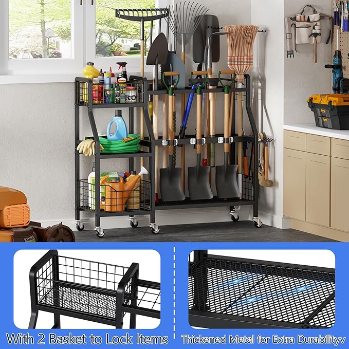 keomaisyto Garden Tool Organizer with 6 Wheels(3 lockable), Heavy Duty Yard Tool organizer with 2 Basket, Large Metal Garage Tool Organization and Storage for Garage/Shed/Yard/Broom Closet/Lawn-VerdiqueGarden