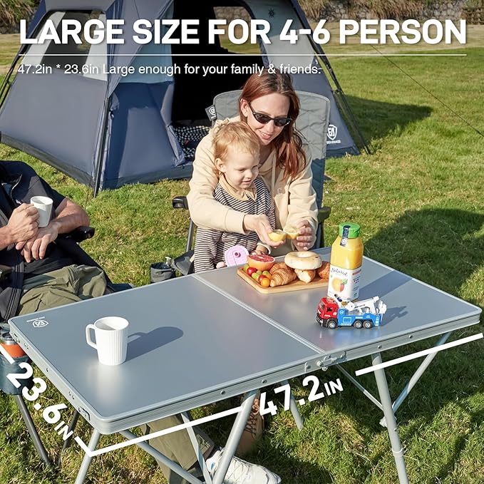 EVER ADVANCED Large Camping Table for 4-6 Person, Portable Folding Aluminum Table with Carrying Handle, Suitable for BBQ, Picnic, Camping and Indoor Use, Support up to 130LBS, Silver-VerdiqueGarden