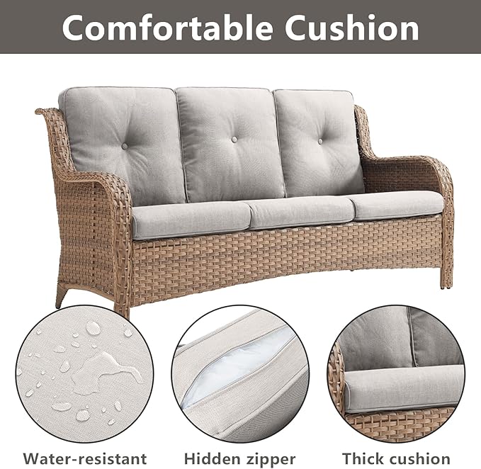 Outdoor Wicker Patio Furniture Set - 5 Piece Rattan Patio Conversation Set with 2 Rocking Swivel Chairs,2 Ottomans and 1 Sofa for Porch Deck Backyard Garden(Yellow/Beige)-VerdiqueGarden