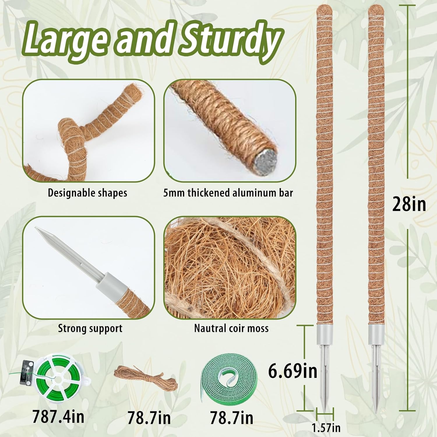 2 Pack Moss Pole, 28 Inch Monstera Plant Support, Moss Poles for Climbing Indoor Plants, Handmade Coco Coir Plant Support Stakes for Potted Plants, Pothos, Philodendron-VerdiqueGarden