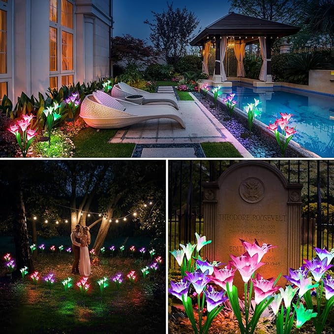 KOOPER Outdoor Solar Lights, 6 Pack Solar Garden Lights with Bigger Lily Flowers, Waterproof 7 Color Changing Solar Lights Outdoor - Bigger Solar Panel for Outdoor Patio Yard Garden Decoration-VerdiqueGarden