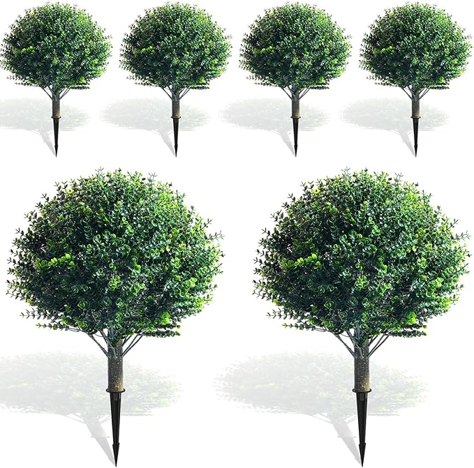 Yunlly 6 Pcs 18 Inch Artificial Boxwood Ball Topiary Tree Fake Outdoor Plants Bush, UV Resistance Faux Shrubs with Spike Realistic Greenery Potted for Indoor Garden Yard Porch Patio Decor (Dark Green)-VerdiqueGarden