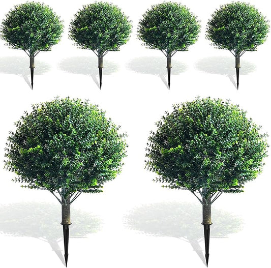 Yunlly 6 Pcs 18 Inch Artificial Boxwood Ball Topiary Tree Fake Outdoor Plants Bush, UV Resistance Faux Shrubs with Spike Realistic Greenery Potted for Indoor Garden Yard Porch Patio Decor (Dark Green)-VerdiqueGarden