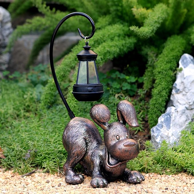Laughing Dog Figurine with Solar-Powered LED Light 15.9 Inches Tall Antique Bronze, Perfect for Gift Garden Decor or Housewarming for Dog Lovers-VerdiqueGarden