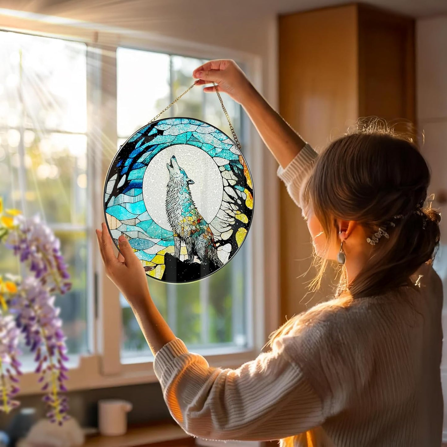 Stained Glass Window Hanging, Stained Glass Suncatcher, Wolf Sun Catcher, Window Decor, Wolf Lover Gift, Gifts for Fathers Day, Christmas or Birthday Gift, Gifts for Men Him Dad Grandfather Son-VerdiqueGarden